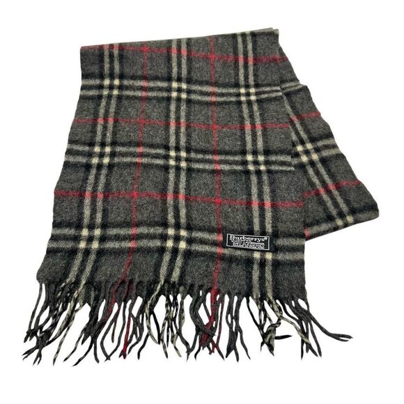 Burberry Men's Gray Red Classic Lambswool Nova Check Fringe Scarf Size 11"x 60" - Picture 1 of 7